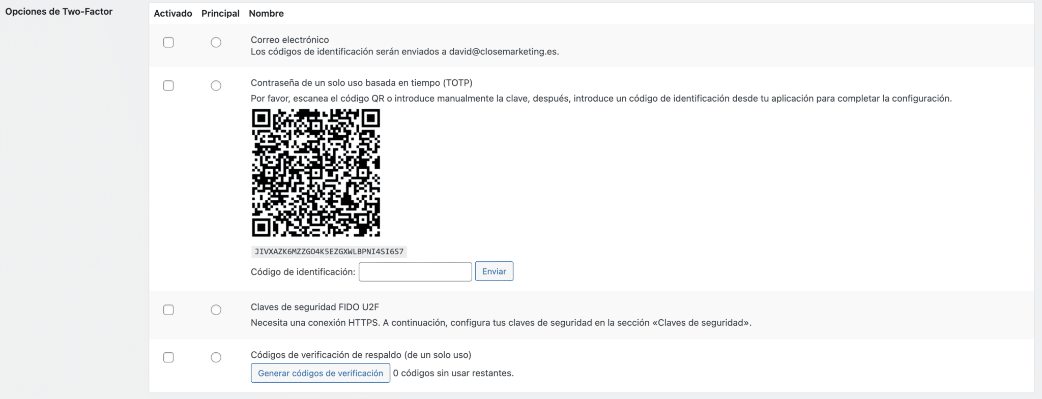 options two factor user